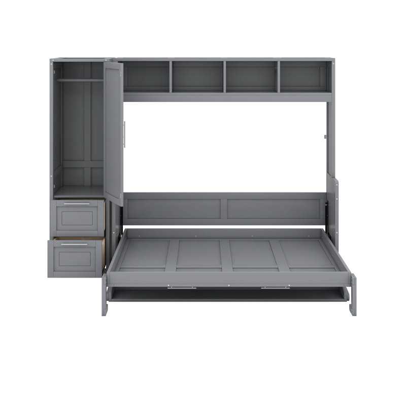 Queen Size Murphy Bed, Wall With Closet And Drawers, Grey