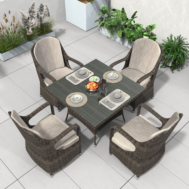 Algird 4 - Person Wicker Patio Dining Set with Square Table , Cushions Included, 28.35" H x 39.37" L x 39.37" D