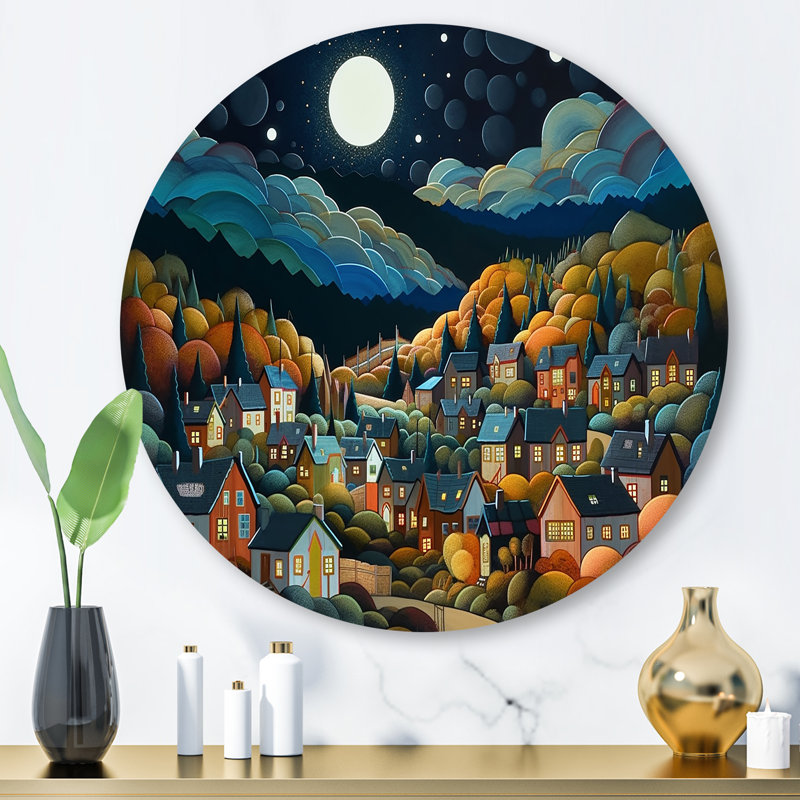 Petit village alpin en automne IV - montagnes, art mural rond en métal, H 29 po x l 29 po x P 1 po