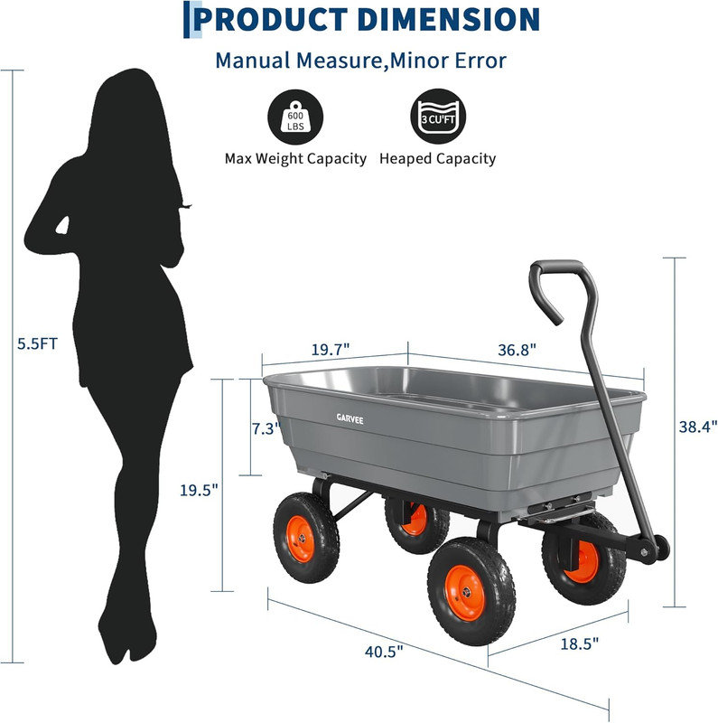 Chariot de jardinage en poly 600 lb - pneus tout-terrain de 10 po, vidage rapide, fixation pour VTT, chariot de jardin robuste