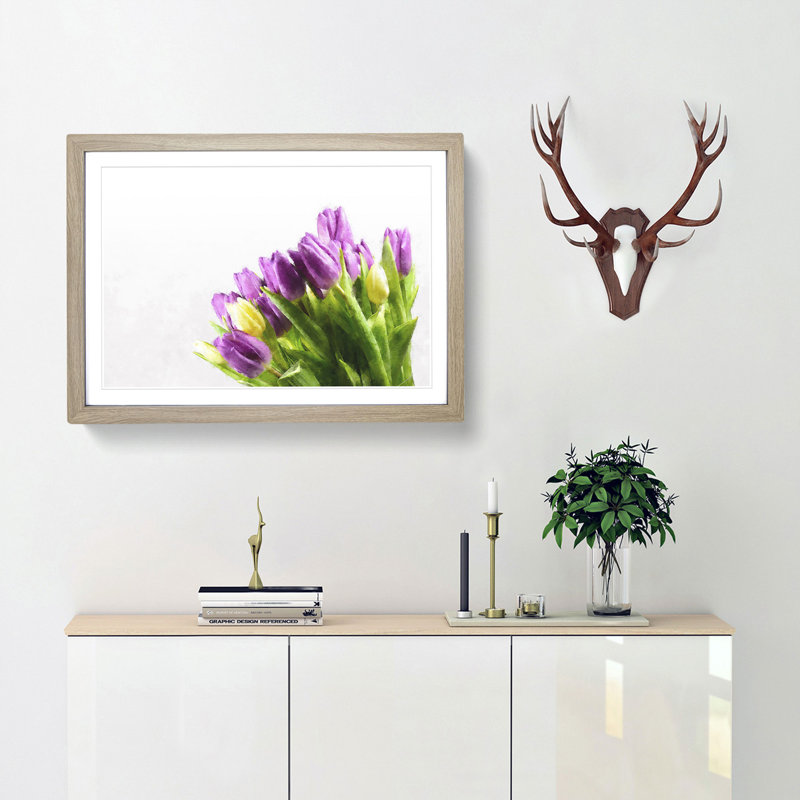 Yellow and Purple Tulips - Picture Frame Painting Print, 45cm H x 63cm W x 2cm D, Oak Framed
