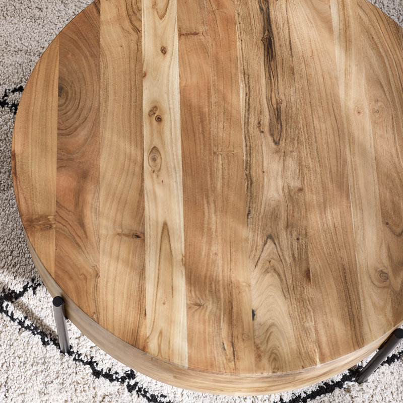 Rowan Solid Acacia Wood & Metal Round Coffee Table - Modern Rustic Minimalist Design
