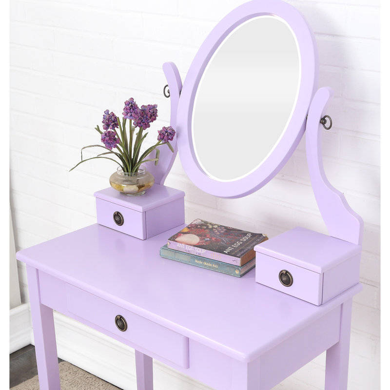 Purple Wood Vanity Table And Relaxing Stool With 3 Drawers Adjustable Beauty Mirror Modern 3 Storage Bewitch, Purple