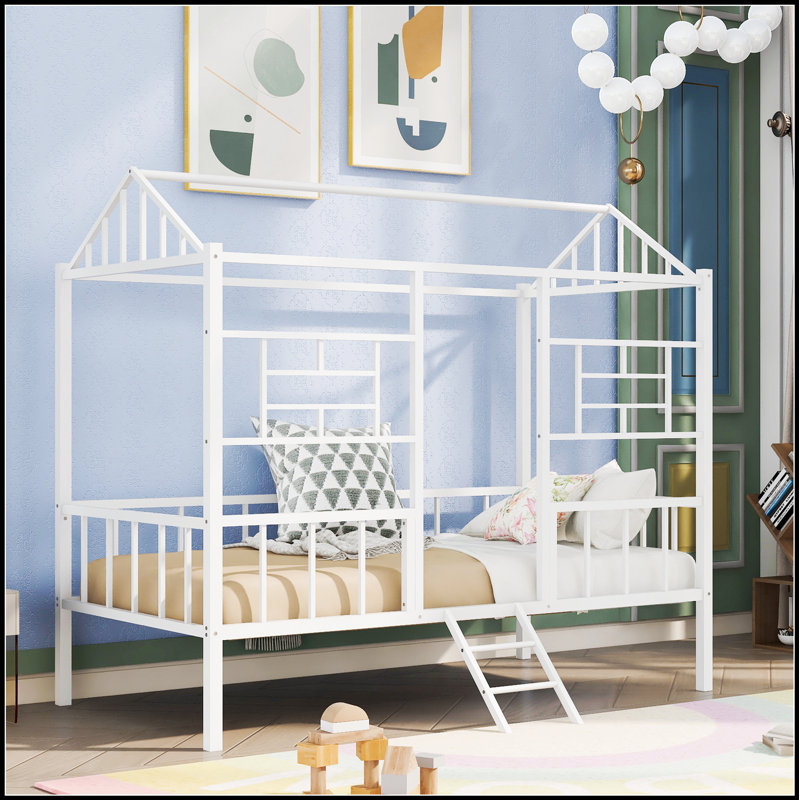 Durable Metal House Bed Frame with Slatted Support, No Box Spring Needed, for Stable and Comfortable Sleep, White