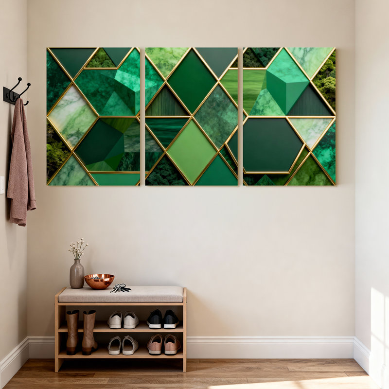 Ensemble de 3 tableaux sur toile à motif géométrique vert représentant la nature, H 30 po x l 60 po
