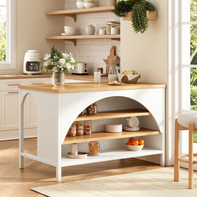 Îlot de cuisine de 56 po avec rangement ouvert, chariot de cuisine en bois d'hévéa avec détails en arche et plateau naturel