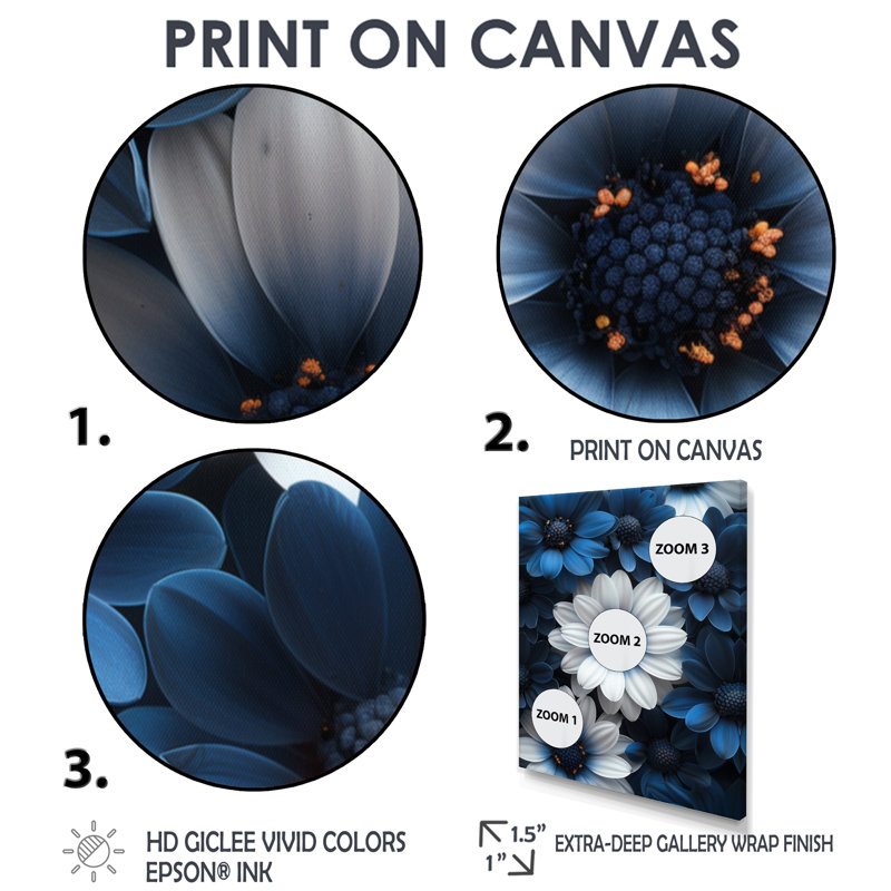 «Nocturnal Nirvana White Blue Mums», reproduction d'art mural, H 12 po x l 20 po, Cadre simple noir, bois massif
