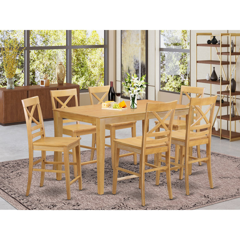 Ensemble de salle à manger 7 pièces à hauteur de comptoir composé d'une table de cuisine rectangulaire et de 6 chaises de salle à manger, chêne