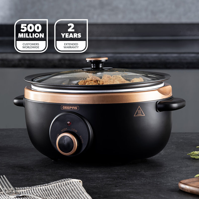 GEEPAS Slow Cooker 3 Heat Settings Auto Mode Removable Non-Stick Pot Tempered Glass Lid, 6.5L