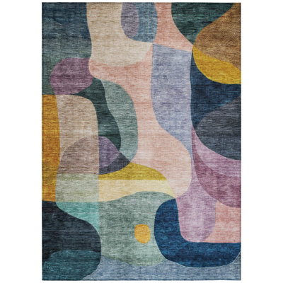 8' X 10' Green Purple And Pink Abstract Washable Indoor Outdoor Area Rug