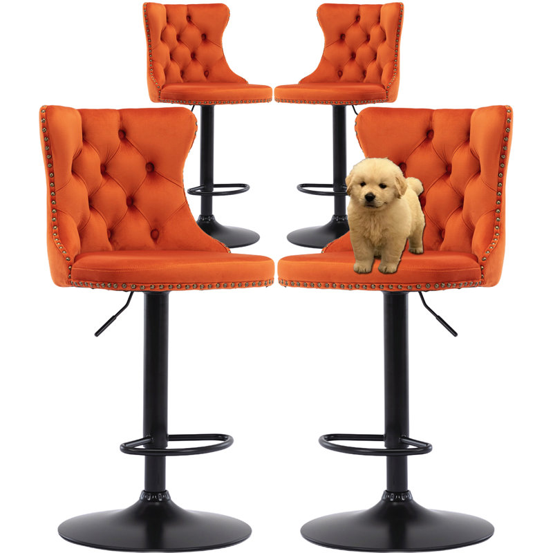 Ensemble de 4 tabourets de bar modernes en velours pivotant à hauteur ajustable, Orange