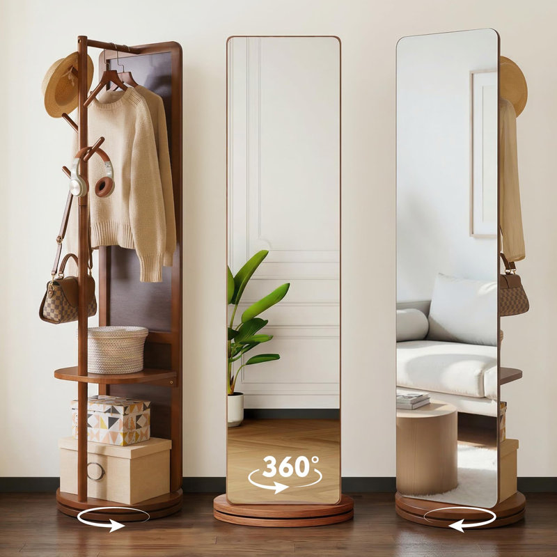 Miroir pivotant sur 360 ° en bois de noyer massif avec portemanteau, tringle et tablettes - l 15,75 po x H 19 po x 19 po x H 69 po