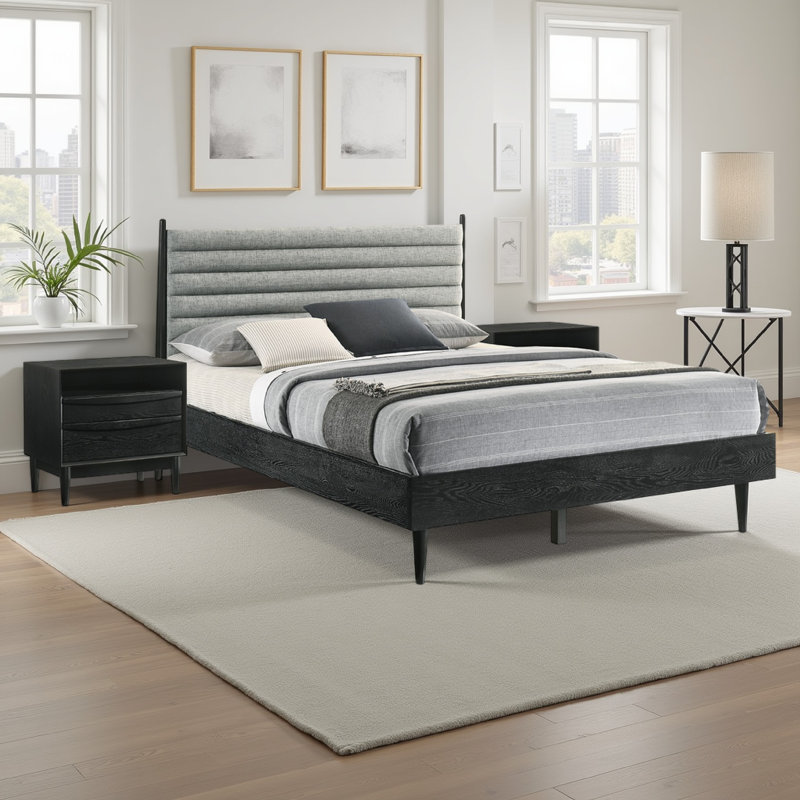 Greylynn 3 Piece Platform Bedroom Set in Wood with Gray Upholstered Headboard, Black, Queen