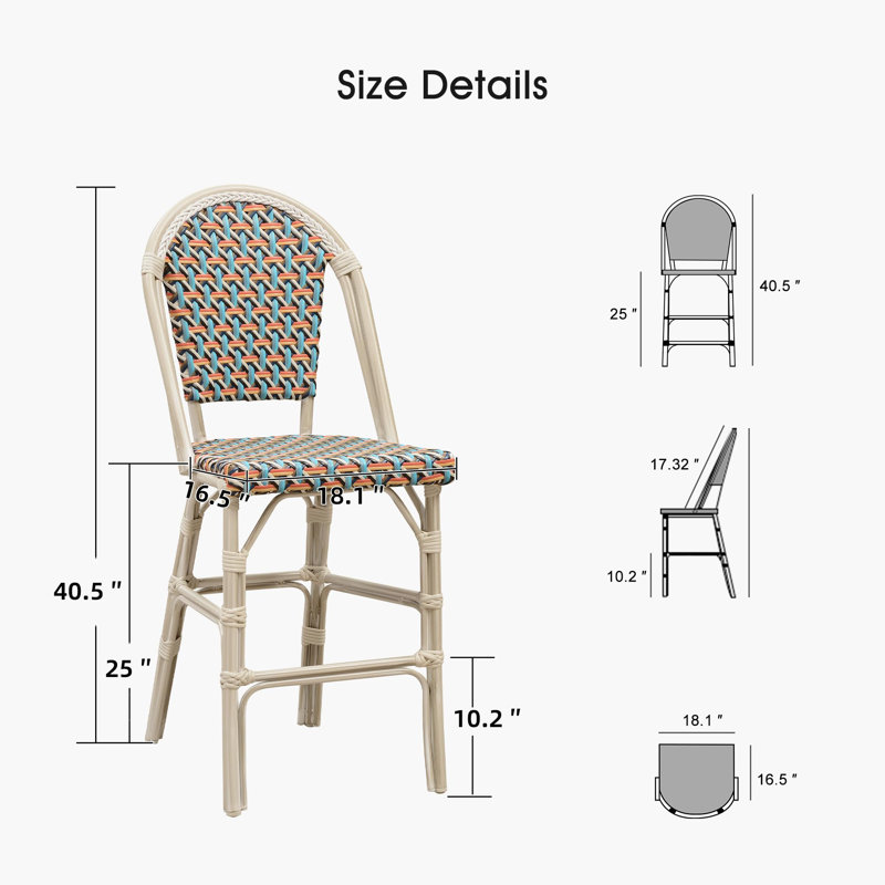 Ensemble de 2 tabourets à hauteur de comptoir et de bar avec dossier en rotin, Coloré, 25"