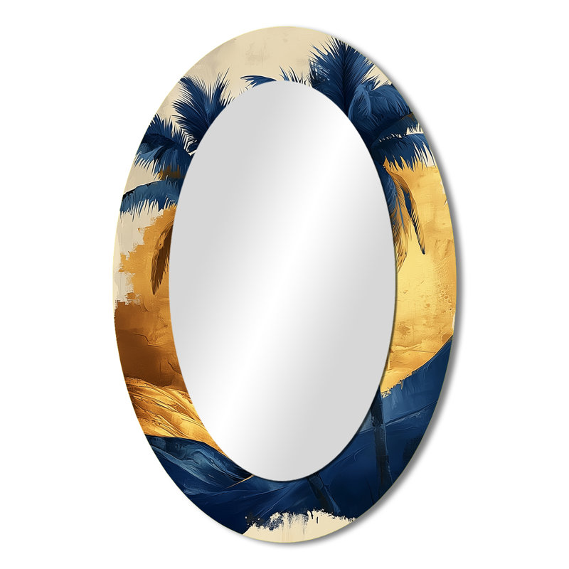 Blue And Gold Plam Trees Scenery II - Floral Oval Decorative Mirror On Metal, 36" x 24"