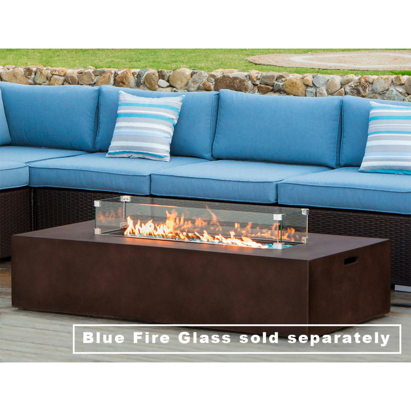 56"W Outdoor Concrete Propane Fire Pit Table With Glass Wind Guard, Red