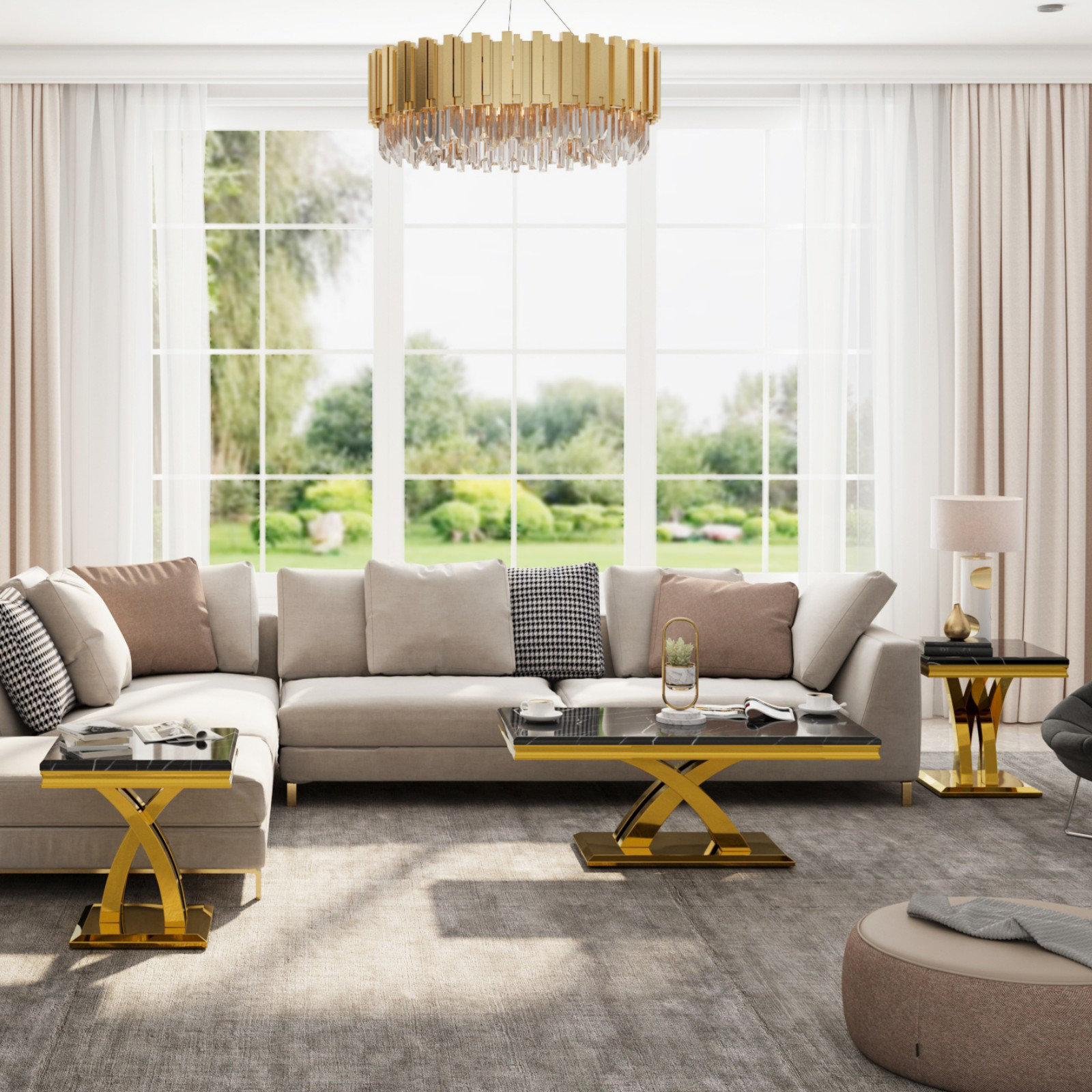 3 Piece Coffee Table Set with Black Top \u0026 Gold Base by Everly Quinn, image size:1600x1600