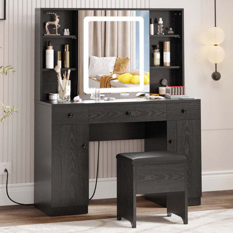 Kimrey Vanity Desk with Llight Sliding Mirror and 7 Drawers,  Makeup Vanity Table Set for Bedroom