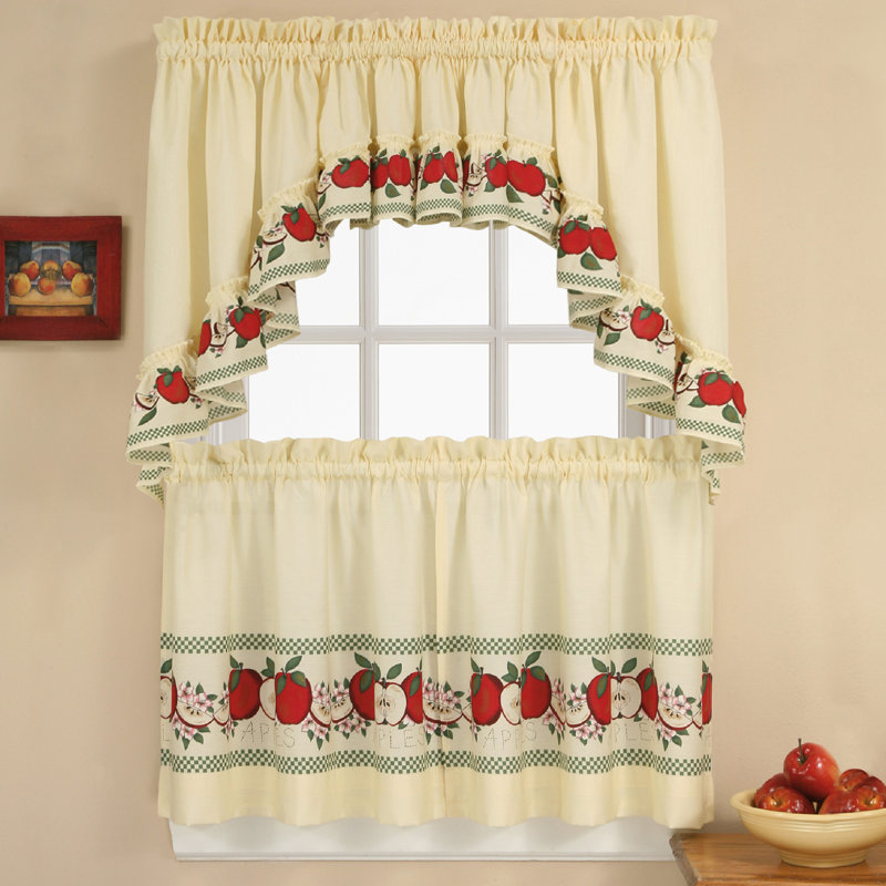 Drumourne Cotton Blend Floral Ruffled Kitchen Curtain, Beige/Red/Green