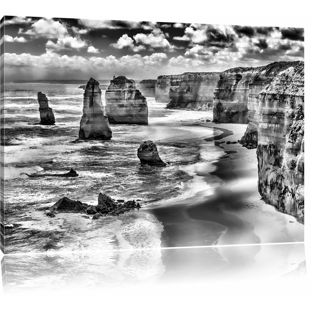 Leinwandbild Meer Klippe Küste Sonnenaufgang Steine Strand in Monochrom