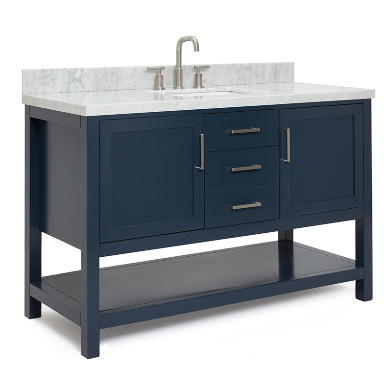 55'' Single Bathroom Vanity with Carrara Marble Top, Midnight Blue