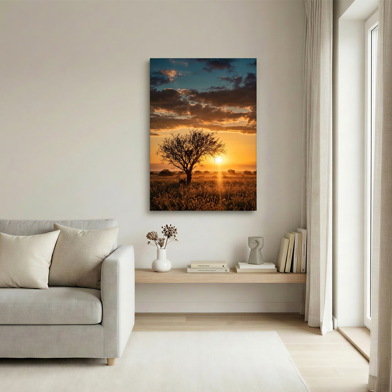 Silhouette d'art arbre sur toile, ciel coucher de soleil doré, H 36 po x l 24 po