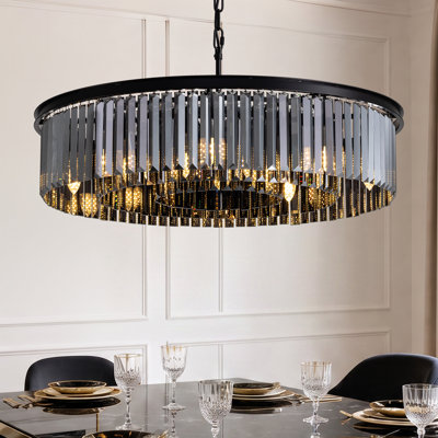 30" 12-Light Black Smoky Gray Crystal Chandelier, Modern Drum Pendant Light