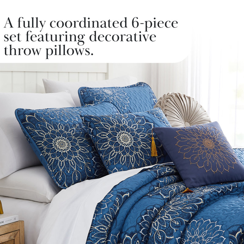 Ensemble de courtepointe en microfibre 6 pièces Midnight Floral Collection par Southshore Fine Linens, Bleu