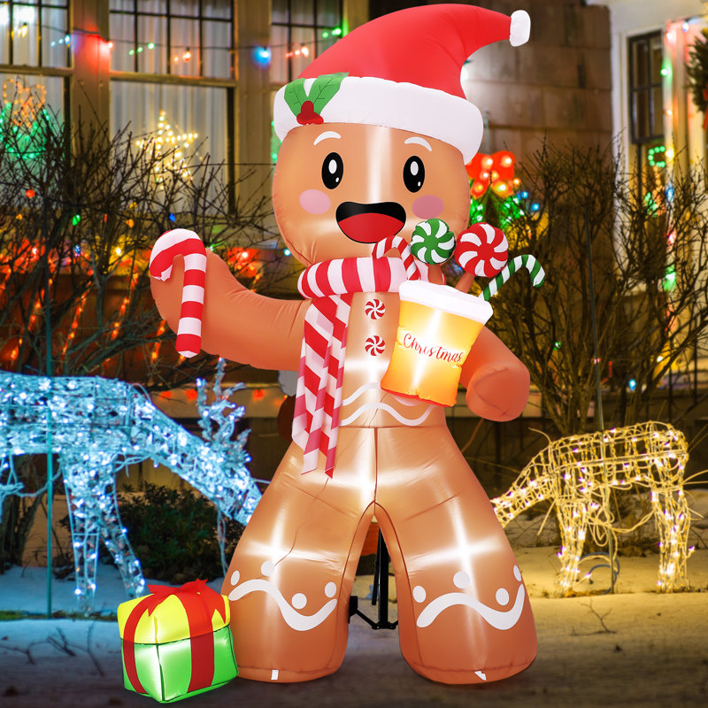 Décoration de Noël gonflable pour jardin extérieur : bonhomme en pain d'épice lumineux DEL de 2,4 m