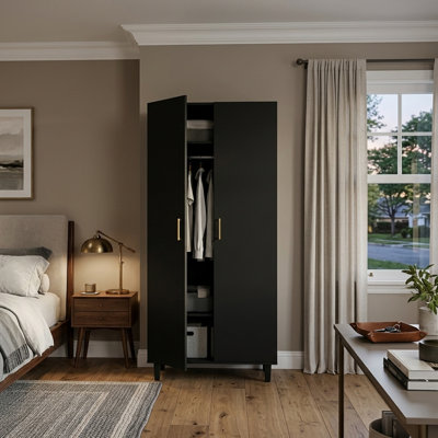 77" Extra Tall Wood Pantry Storage Cabinet, Anti-Tip Utility Cabinet with Chic High Legs & 5 Shelves (3 Adjustable), Black