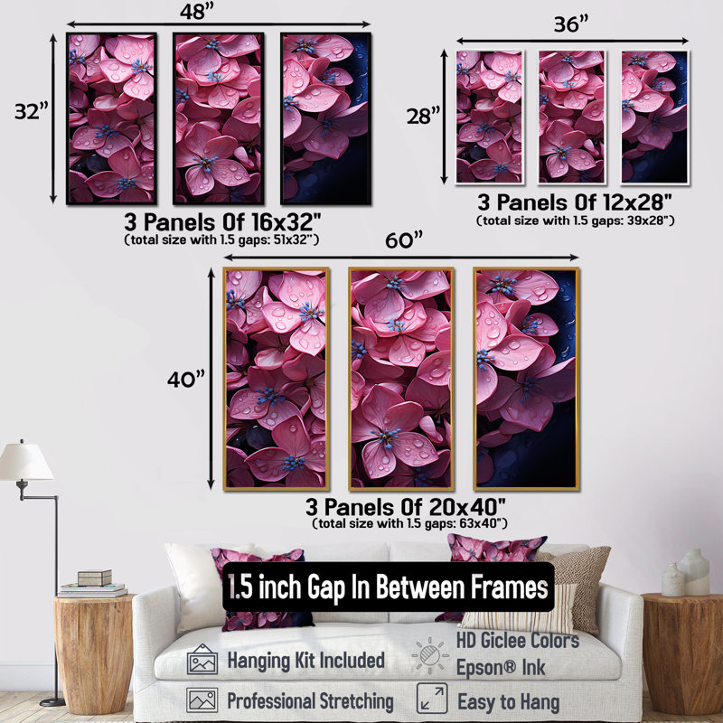 Lilas roses photo Harmony III - ensemble de décorations murales lilas, Cadre flottant doré, H 32 po x l 48 po x P 1 po