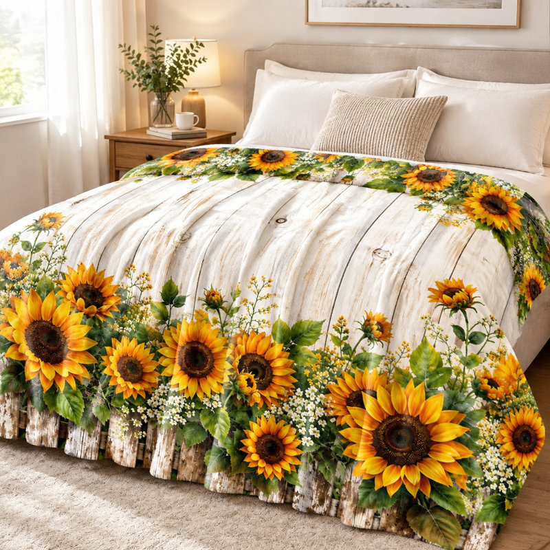 Sunflower Farmhouse Rustic Throw Blanket, Cozy Plush Decorative Blanket for Sofa, Couch, Bedroom, Living Room Home Decor