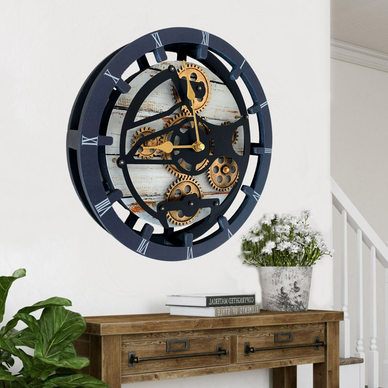 Mantel Clock 16" Round for Living Room decor with Real Moving Gears transformable into a Wall Clock (detachable base) Canada Collection