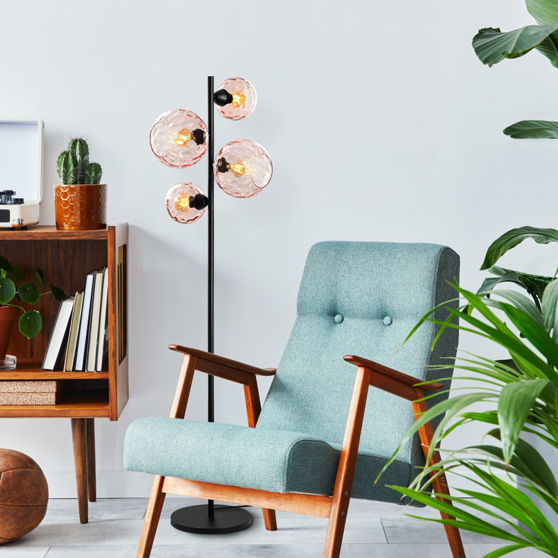 Lampe sur pied industrielle moderne, structure en métal noir, 13,8 x 13,8 x 65,0 pouces | 4 x douilles E27 (40 W maximum) | Bouchon en verre élégant, classé IP20 | Idéal pour le salon, la chambre à coucher et le bureau - Solution d'éclairage élégante et fonctionnelle