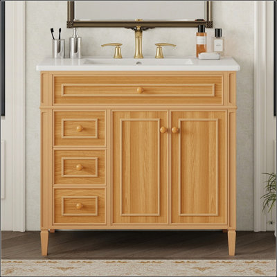 36 Inch Bathroom Vanity with Sink, Wood Cabinet, Flip-Out Drawer, Soft-Close Doors, and Elegant Rubber Wood Handles
