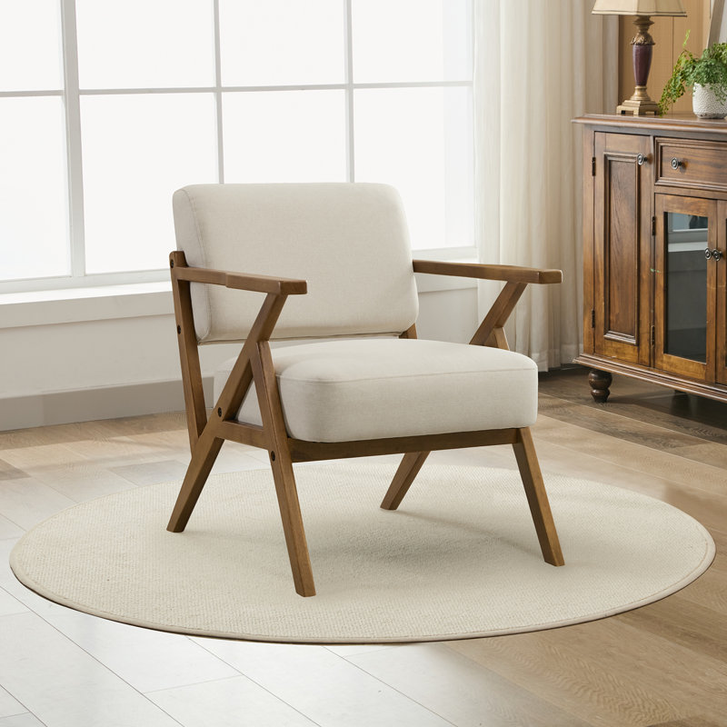 Bernisha Upholstered Linen Blend Accent Chair with Wooden Legs, Beige Linen