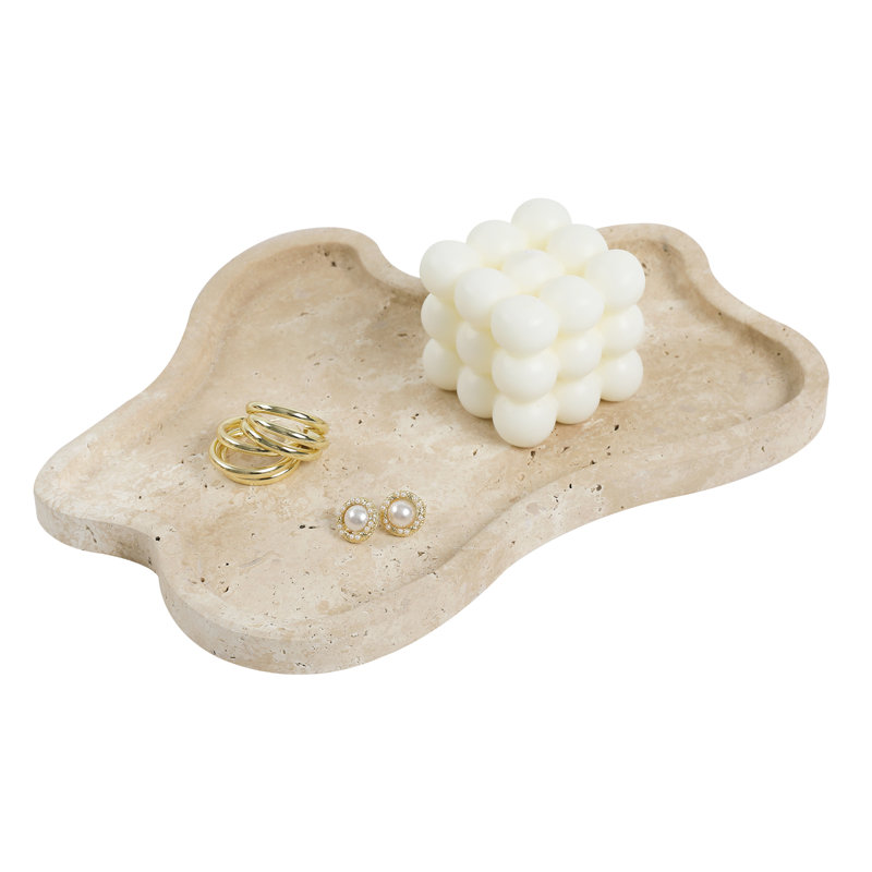 Plateau de pierre en forme de nuage de travertin 11 po x 8 po Adolif, Forme de nuage beige 11 po x 8 po