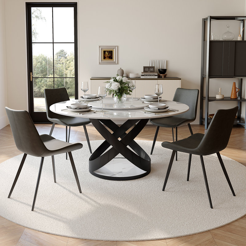 Maxwell Modern 5/7-Pieces Dining Room Sets (Round Dining Table + 4/6 Chairs) Pre-Assembly, Sintered Stone Tabletop Kitchen Dining Table Set with Dining Chairs