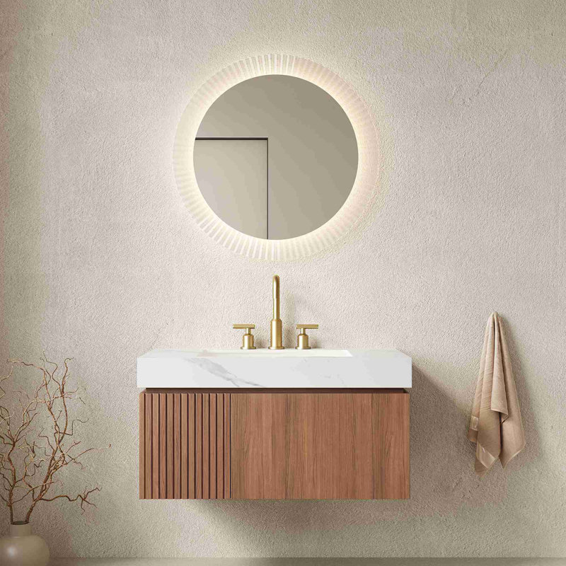 Meuble-lavabo mural, Blanc de Carrare, Chêne brun, 36"