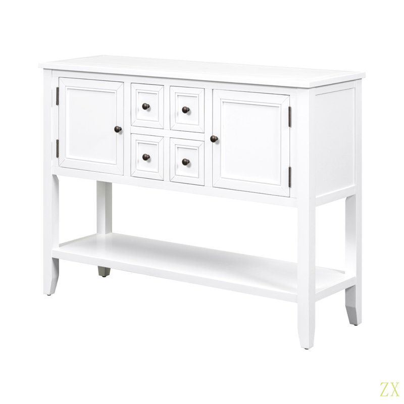 Ample console de rangement rétro avec quatre petits tiroirs et une tablette inférieure pour les salons, les entrées et les cuisines