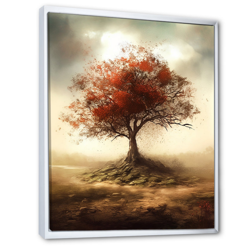 «Blossoming Red Tree In Sand Dunes» sur toile, Cadre flottant blanc, 32" H x 16" W