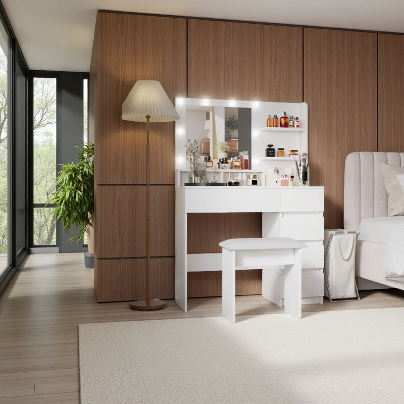 Coiffeuse, ensemble de coiffeuse avec miroir et lumière, beaucoup de rangement pour coiffeuse avec multiprise, 3 modes d'éclairage avec luminosité réglable