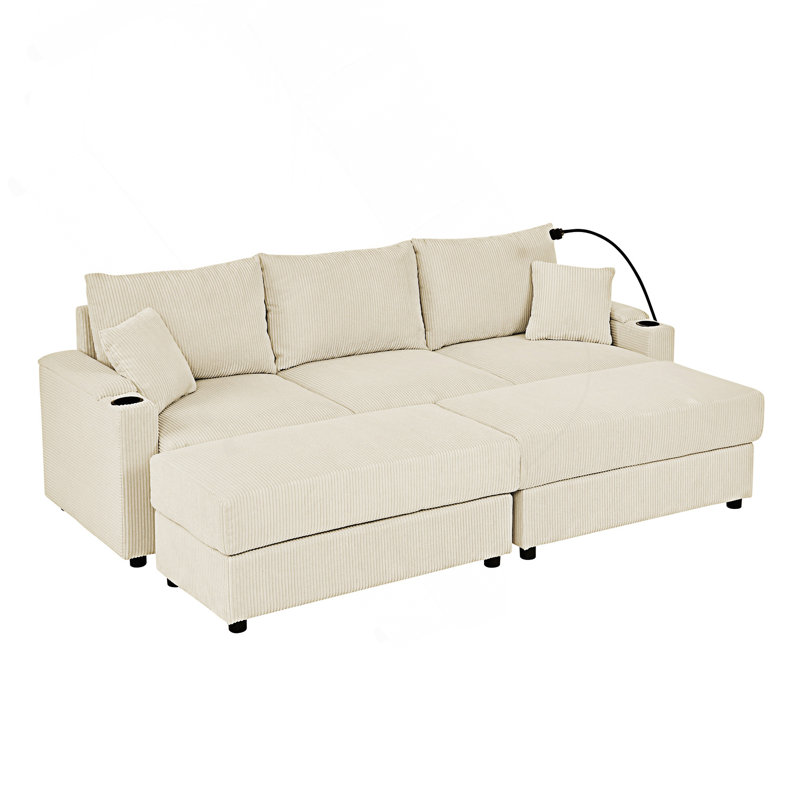 Canapé-lit moderne avec rangement, 2 repose-pieds, Beige