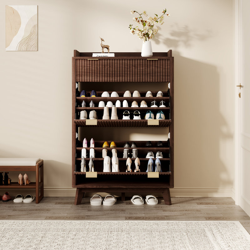 Fluted Wood Shoe Storage Cabinet for Entryway with 2 Flip Drawers & Adjustable Shelves, 48" Tall Freestanding Hidden Narrow Shoe Organizer Rack with Top Drawer for Hallway , Living Room