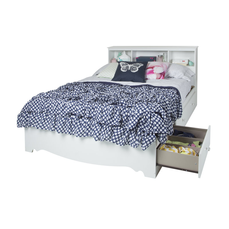 Full White Wood Bookcase Headboard with Storage