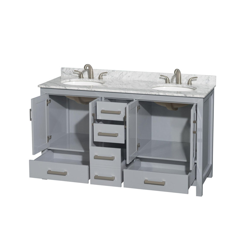 Sheffield 60" Double Bathroom Vanity Set, Gray, White Carrera