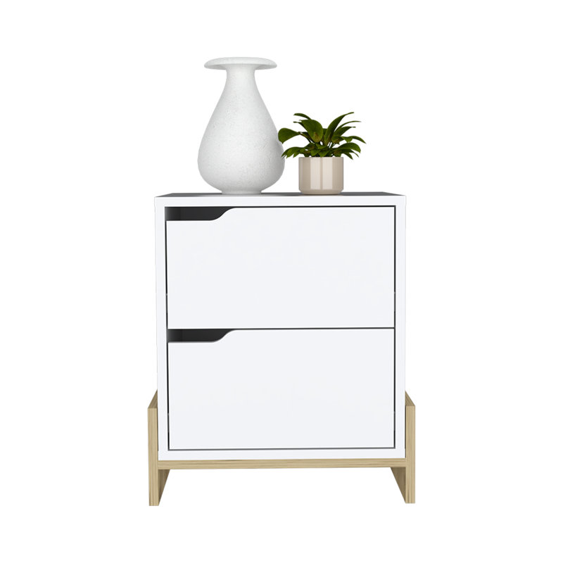 Table de chevet Brookland, table de chevet avec tiroirs doubles et base robuste, fini blanc / macadamia, Blanc, bois
