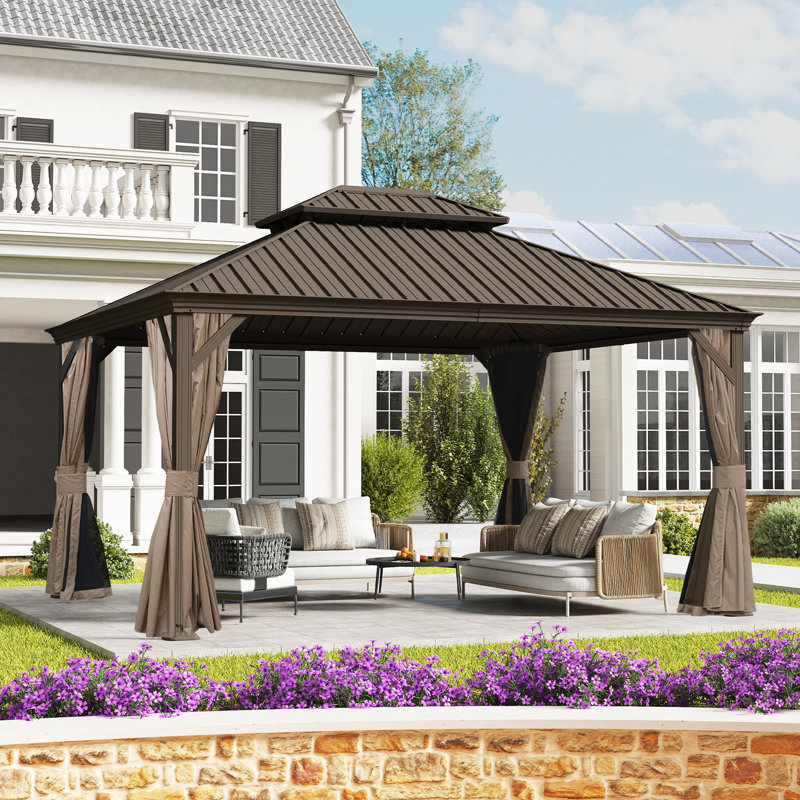 Outdoor Galvanized Steel Patio Gazebo with Double Roof, Brown