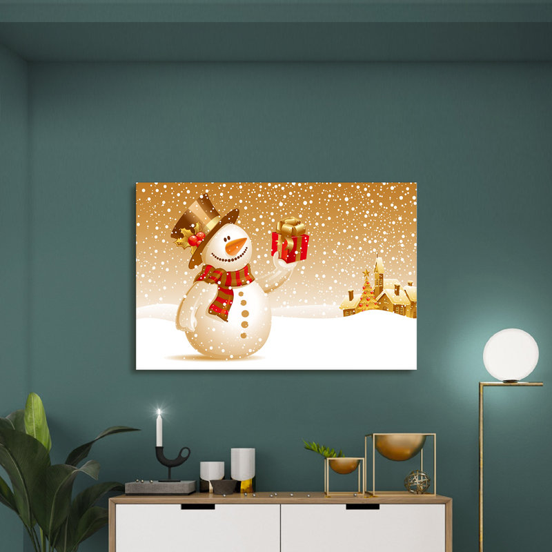 Mignon bonhomme de neige avec chapeau et foulard tenant une boîte-cadeau sur toile, H 24 po x l 36 po x P 1,5 po
