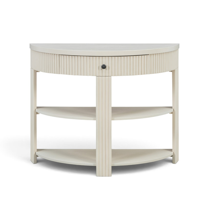 Console demi-lune de 94 cm de large avec tiroir et 2 tablettes ouvertes, Crème